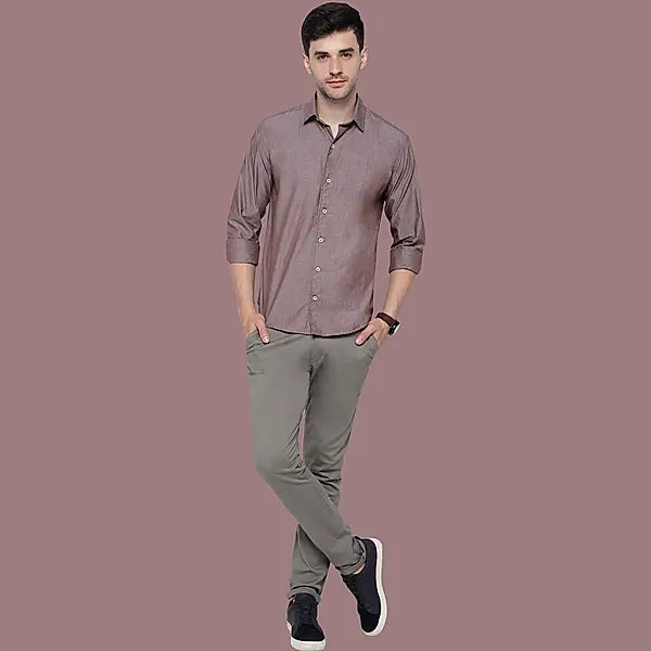 Glazed Tan Brown Slub Chambray Cotton Shirt
