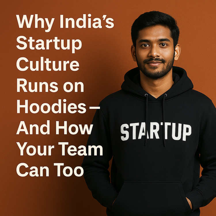 “Young Indian professional in a black hoodie with STARTUP text, symbolizing India’s startup culture and team identity.”