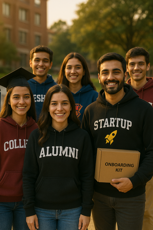 “Indian students and professionals in customized hoodies with logos, representing milestones from college freshers to corporate alumni.”
