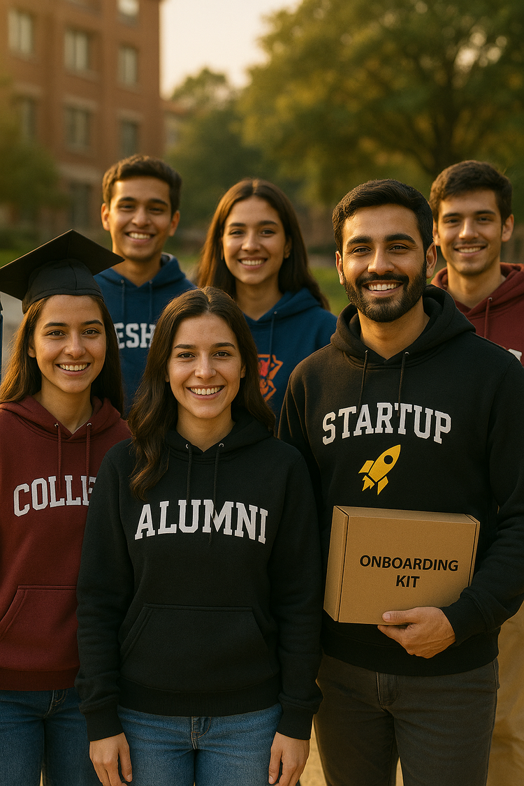 “Indian students and professionals in customized hoodies with logos, representing milestones from college freshers to corporate alumni.”