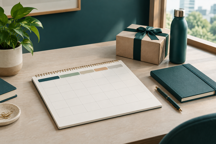 Blank annual planning calendar beside corporate gift items on a desk