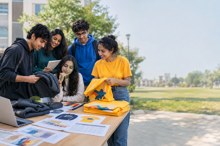 Indian college students comparing custom batch hoodies and T-shirts with artwork and size details
