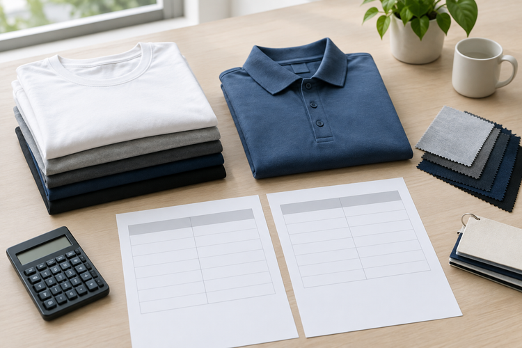 Illustrative folded T-shirts and polo shirt beside fabric swatches, a calculator and quote comparison sheets
