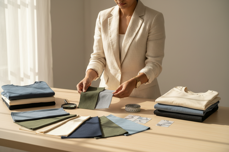 Apparel buyer comparing T-shirt fabric swatches, garment weights and size details for a bulk order