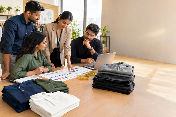 Indian office employees and HR organiser reviewing corporate uniform size charts with folded polo shirts, T-shirts and hoodies