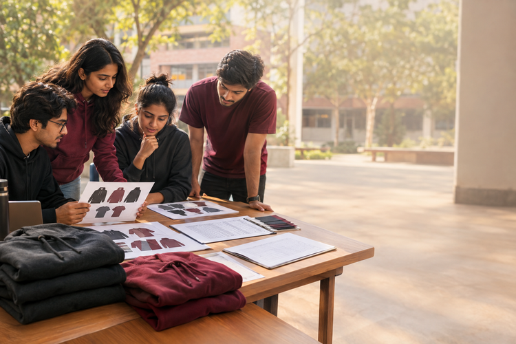 Indian college organisers comparing batch hoodie and T-shirt samples, artwork, size lists and quote details