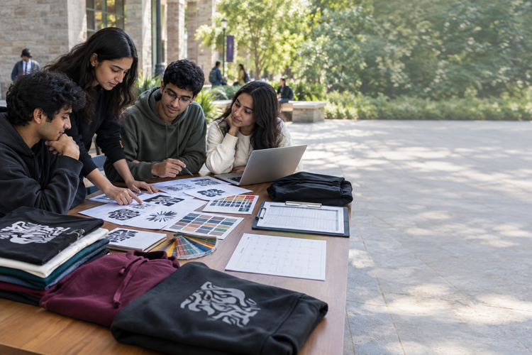 College fest organisers reviewing custom T-shirt and hoodie samples, artwork and order timelines