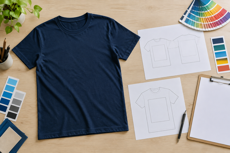 Illustrative plain event T-shirt beside blank artwork layout sheets and colour swatches