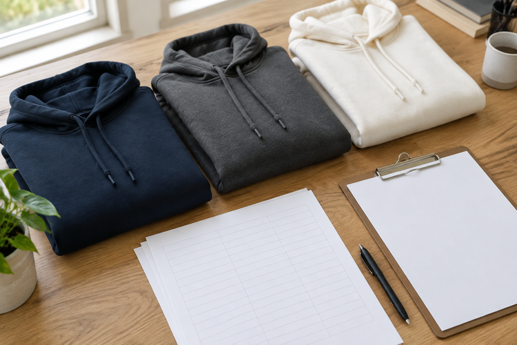 Illustrative folded college-style hoodies beside a blank recipient list and clipboard