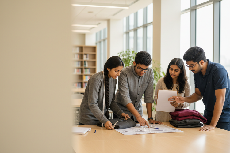 Indian college organisers reviewing a hoodie size chart, measuring tape and folded batch hoodie samples