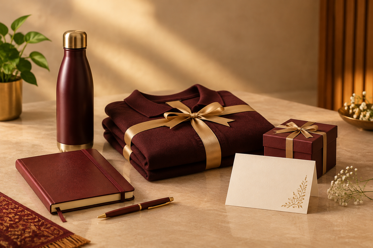 Employee anniversary gift options and a blank thank-you card on a tabletop