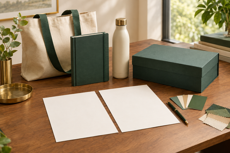 Corporate gift samples beside two blank proposals for comparing bulk gifting quotes