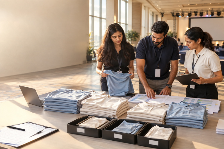 Conference event staff reviewing coordinated T-shirts and polos with role-based packing and delivery plans