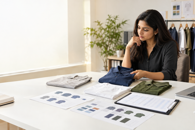 Corporate apparel buyer comparing approved polo and T-shirt samples, artwork versions and updated size records