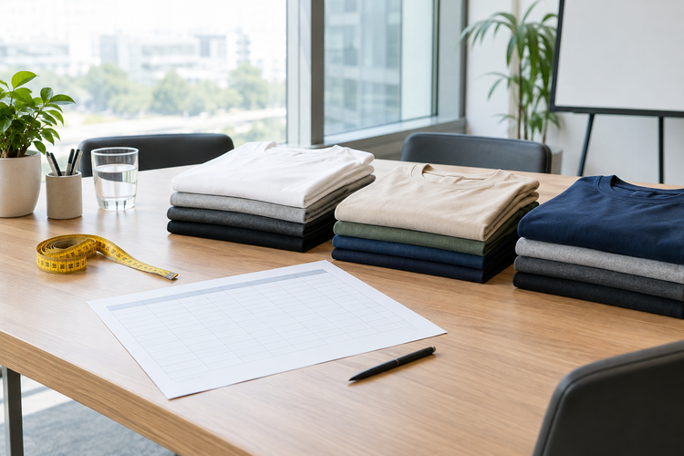 Folded plain event T-shirts beside a measuring tape and size-planning sheet