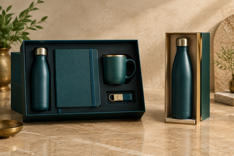 A coordinated corporate gift kit compared with one premium single gift