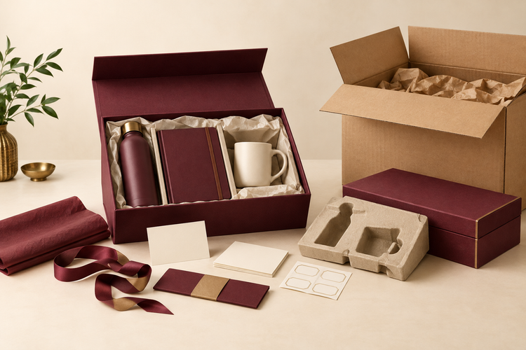 Corporate gift boxes, message cards and protective packaging arranged for delivery