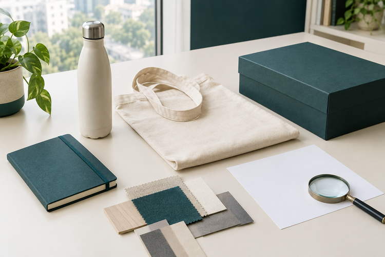 Corporate gift samples and blank proof sheet arranged for product review