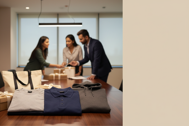 Corporate gifting kit with custom T-shirts, polo shirt, hoodie and tote bag being reviewed by an Indian professional team