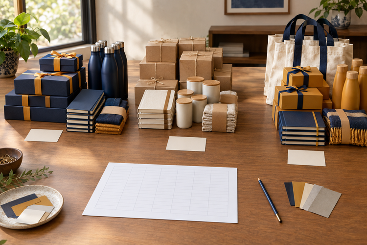Grouped corporate gifts and a blank planning sheet for estimating order quantities