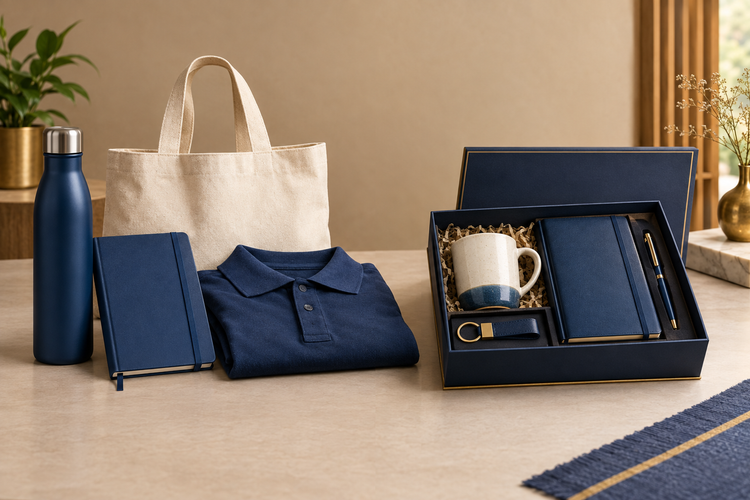 Corporate gift options for employees and clients arranged side by side