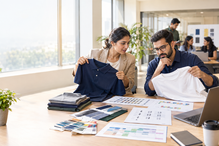 HR and operations managers reviewing polo and T-shirt samples, fabric swatches and an employee uniform rollout plan
