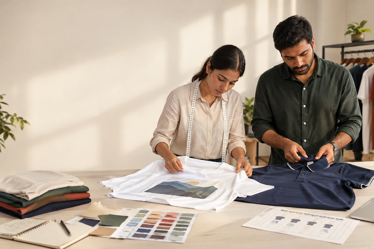 Apparel buyer and production specialist inspecting a custom T-shirt sample, print placement, stitching and fabric details