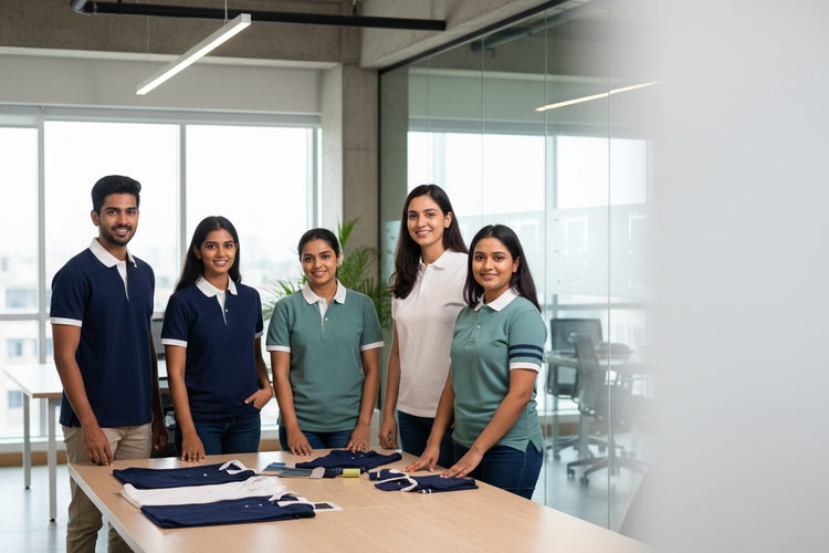 Indian startup team wearing coordinated custom polo shirts while reviewing fabric samples and teamwear options