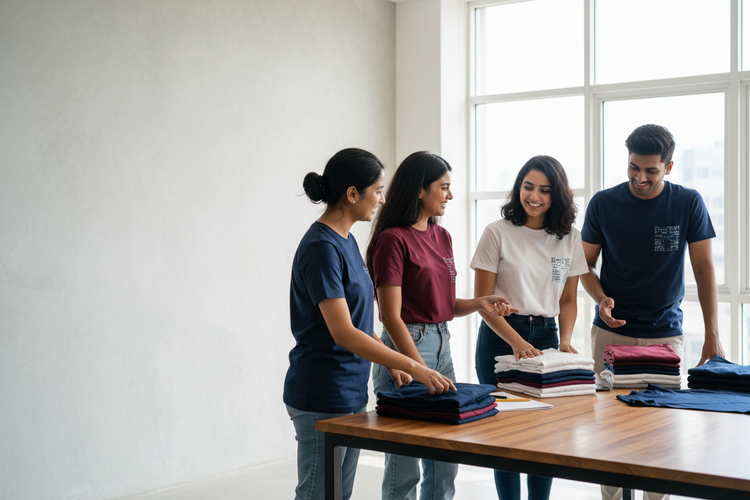 People planning a custom T-shirt bulk order in India with folded teamwear and garment samples on a table