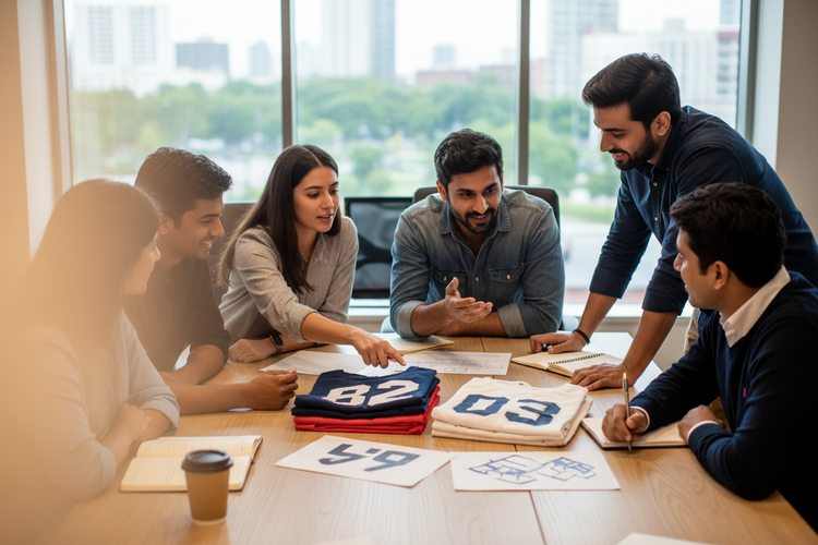 Indian sports club teammates planning custom team T-shirts with player numbers, size details and artwork samples