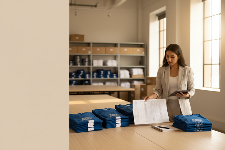 Event organiser reviewing bulk custom T-shirt quantities, size lists and neatly stacked garments