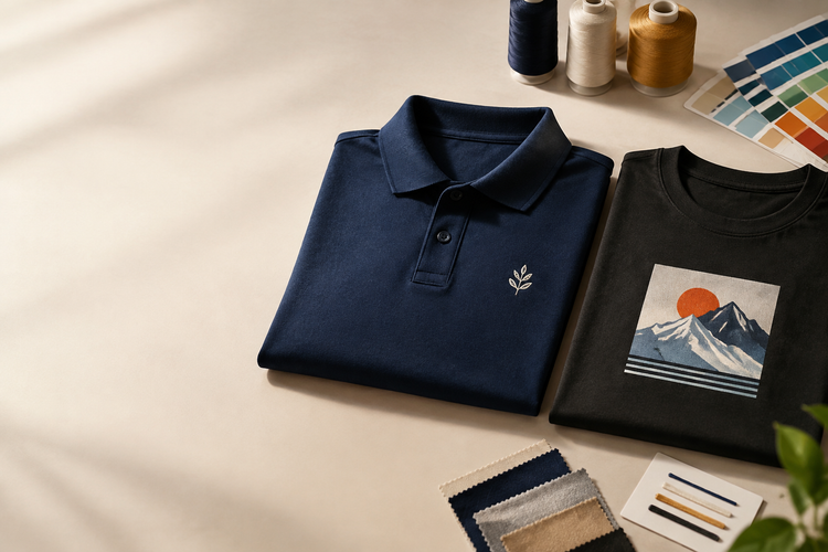 Comparison of a stitched corporate polo emblem and printed graphic on a black T-shirt with thread and colour swatches