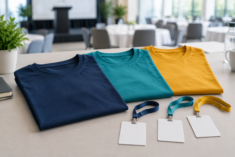 Illustrative navy, teal and mustard event-team T-shirts arranged with blank badges