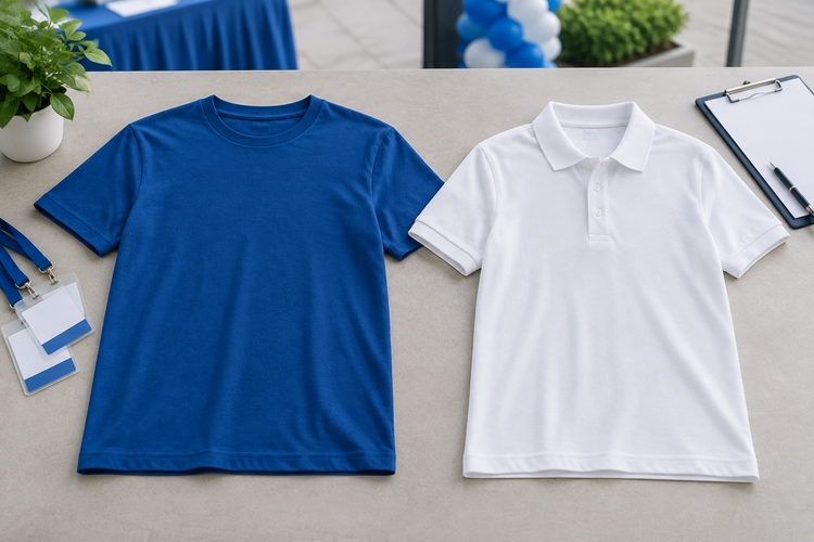 Plain crew-neck T-shirt and polo shirt side by side for event volunteer apparel planning
