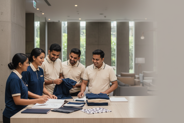 Indian hotel and café hospitality staff planning custom polos, T-shirts and hoodies for team uniforms