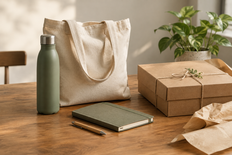 Reusable gift items and restrained packaging arranged on a neutral tabletop