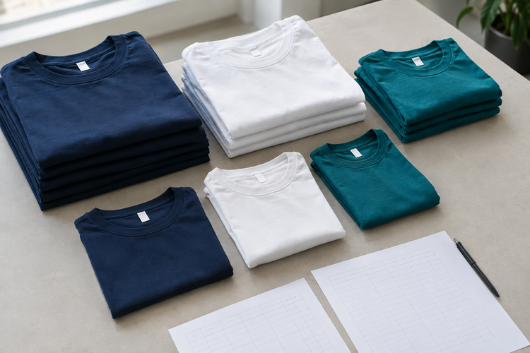 Illustrative plain T-shirts in different colours and sizes beside blank order-planning sheets