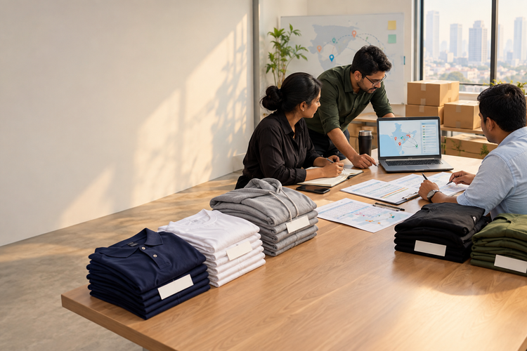 Corporate operations team organising multi-city apparel deliveries with packing groups, master lists and office addresses