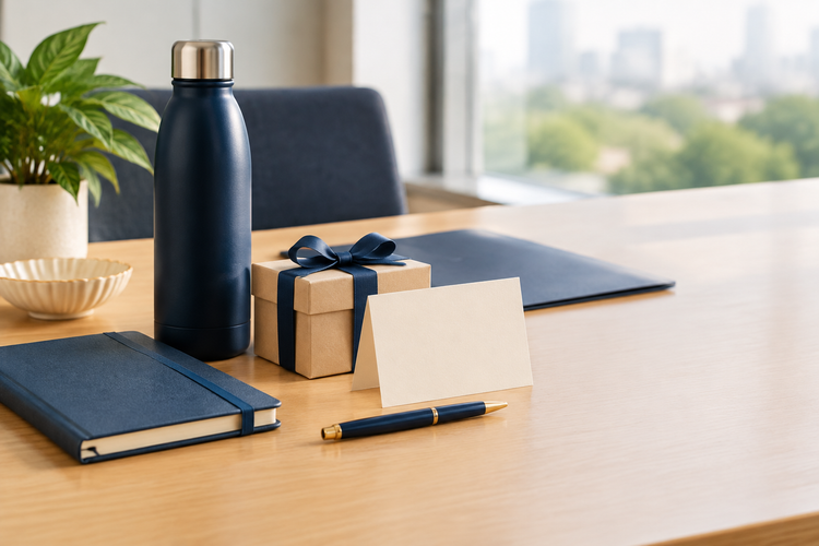 Professional welcome gift items and a blank card on an office desk