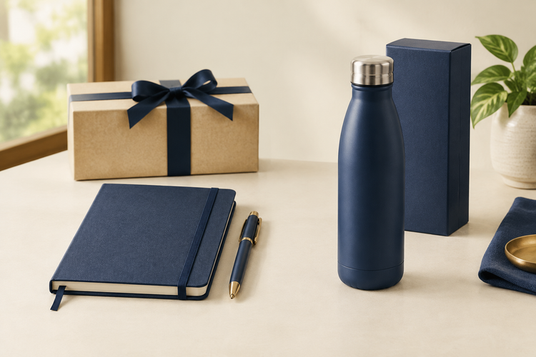 Notebook and reusable bottle displayed side by side as corporate gift options