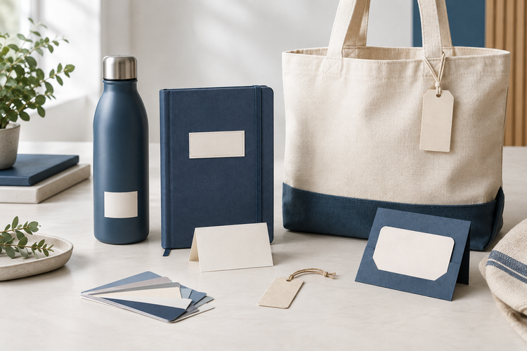 Corporate gift products with blank cards and labels for personalisation planning