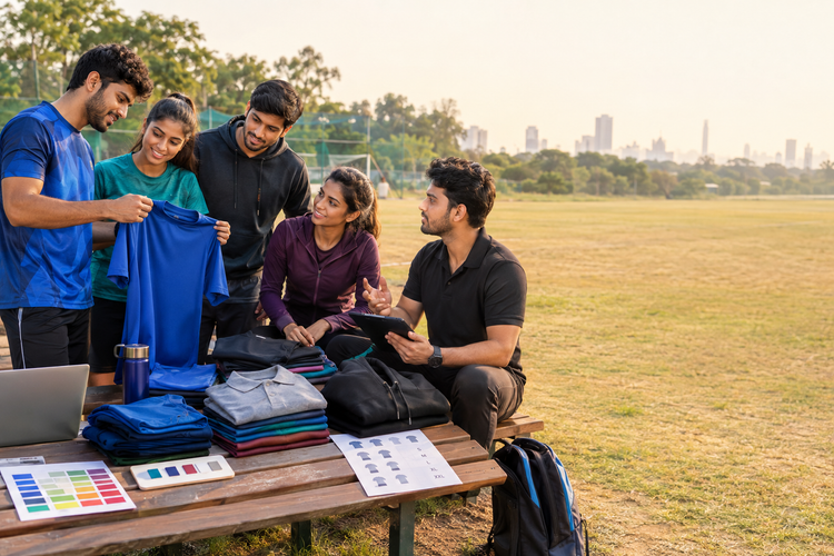 Sports club members reviewing coordinated T-shirts, polos and hoodies with a team organiser