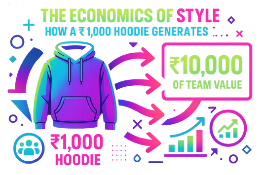 “Infographic showing a ₹1,000 customized hoodie generating ₹10,000 of team value. Bright Gen Z gradient colors with arrows pointing from hoodie to icons of growth, team unity, and bar charts, illustrating ROI of squad apparel.”