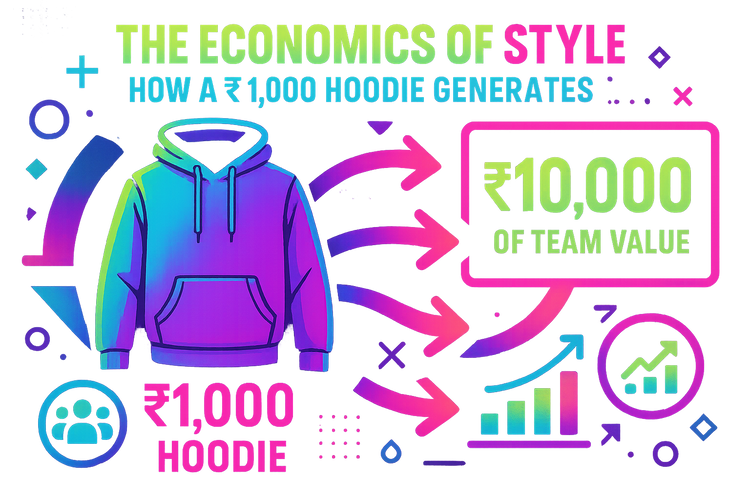“Infographic showing a ₹1,000 customized hoodie generating ₹10,000 of team value. Bright Gen Z gradient colors with arrows pointing from hoodie to icons of growth, team unity, and bar charts, illustrating ROI of squad apparel.”